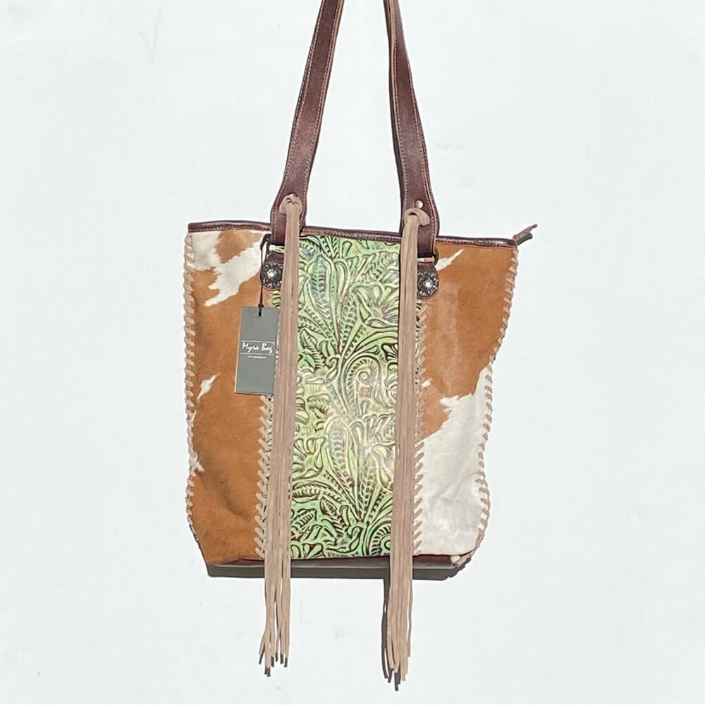 NWT Leather CHEYENNE PLAINS TOOLED LEATHER & HAIRON BAG by Myra